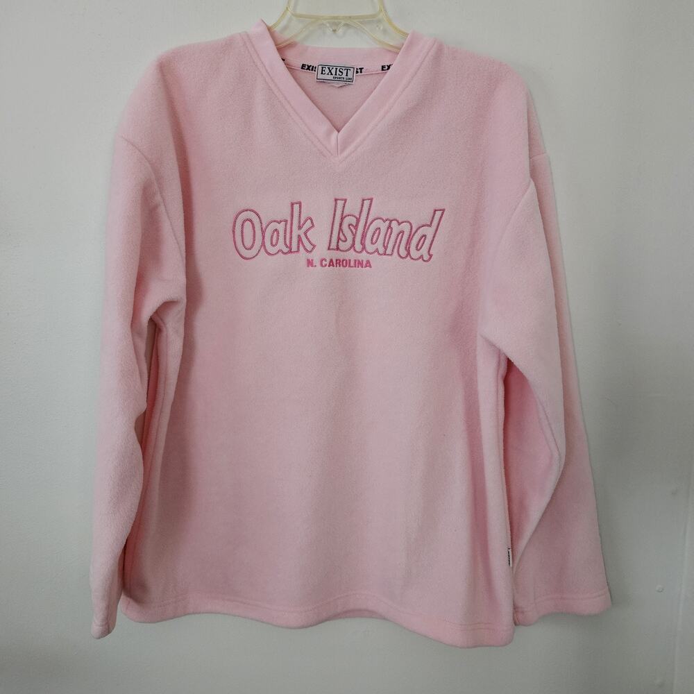 Womens Oak Island NC top Sweatshirt Pink V-neck Fleece Embroidered Soft Sz L